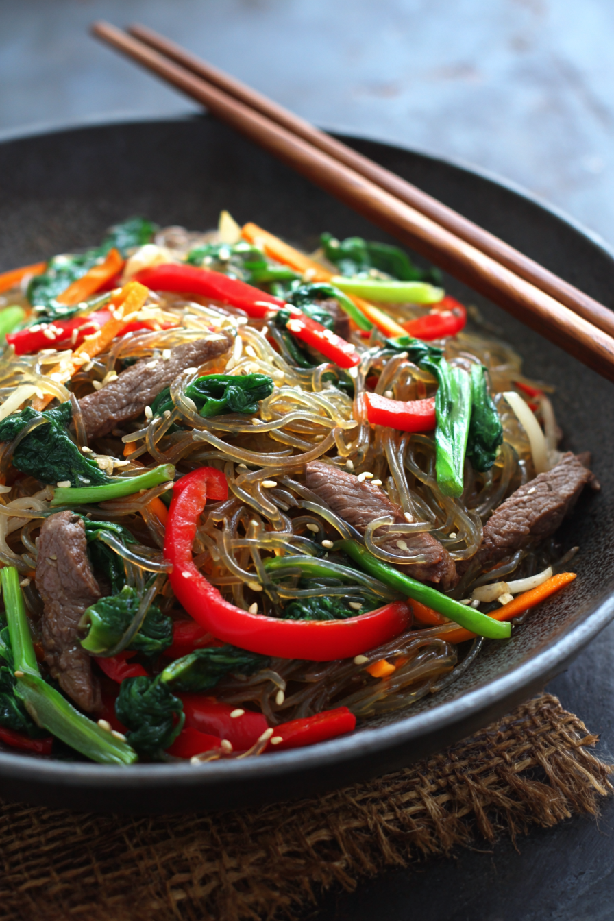 Korean Japchae Noodles with Beef and Vegetables finished dish