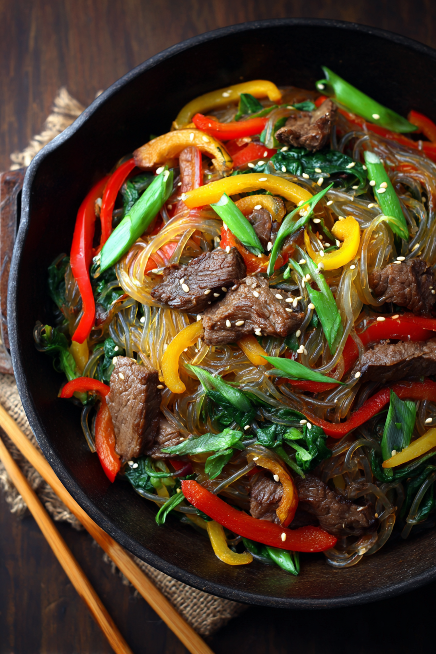 Korean Japchae Noodles with Beef and Vegetables finished dish
