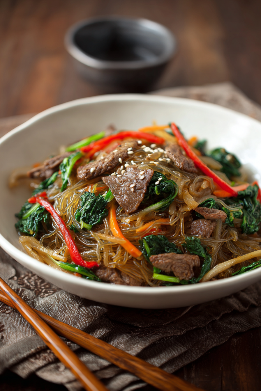 Korean Japchae Noodles with Beef and Vegetables finished dish